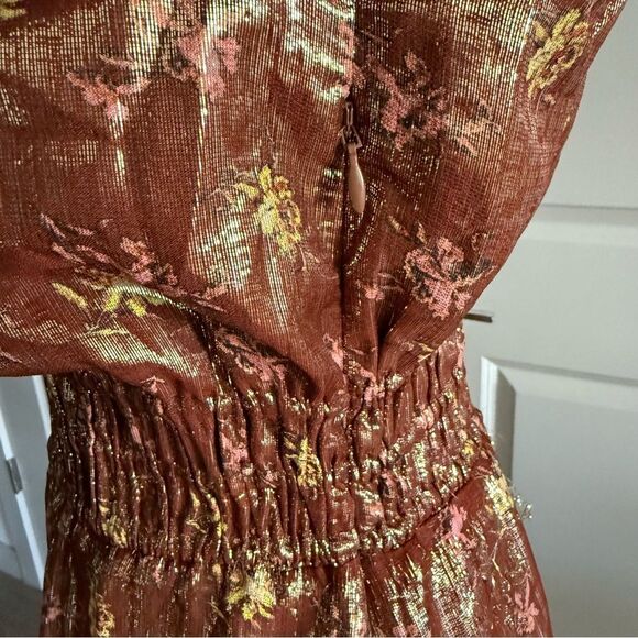 Paige Bronze Metallic Silk Peasant Style Floral Mini Dress M - Picture 6 of 10